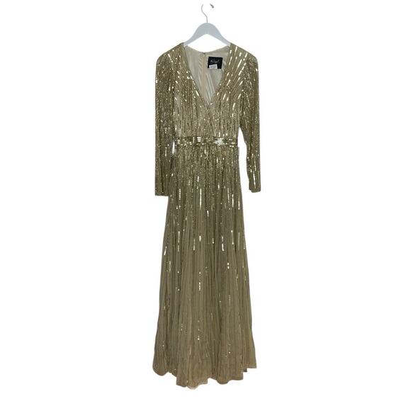 Mac Duggal Taupe Gold Long Sleeve Sequin & Bead Stripe Gown Size 6 $598 - Picture 4 of 8